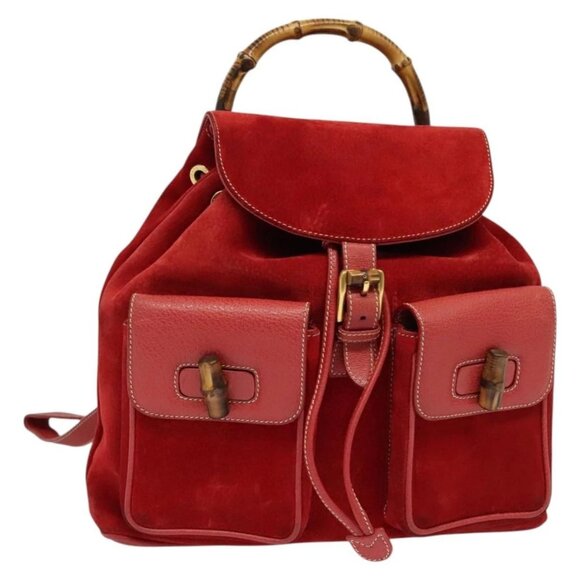 GUCCI Bamboo Backpack Suede Red Gold 003 - Picture 1 of 16